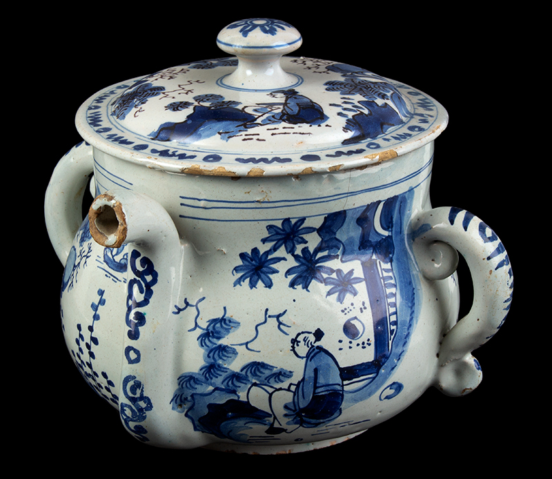 Delft Posset Pot and Cover, Blue and White, Chinoiserie Decorated, entire view 4