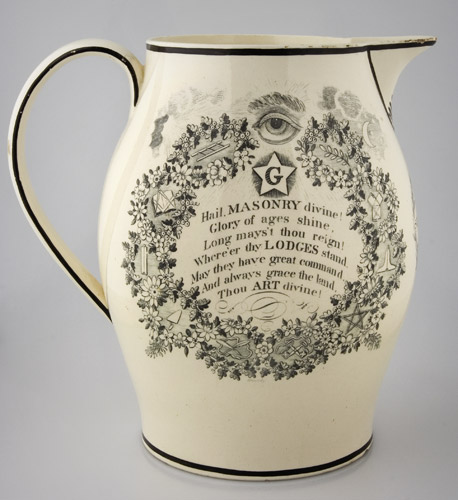 Masonic Liverpool Jug Named to Solomon Clarkson, entire view