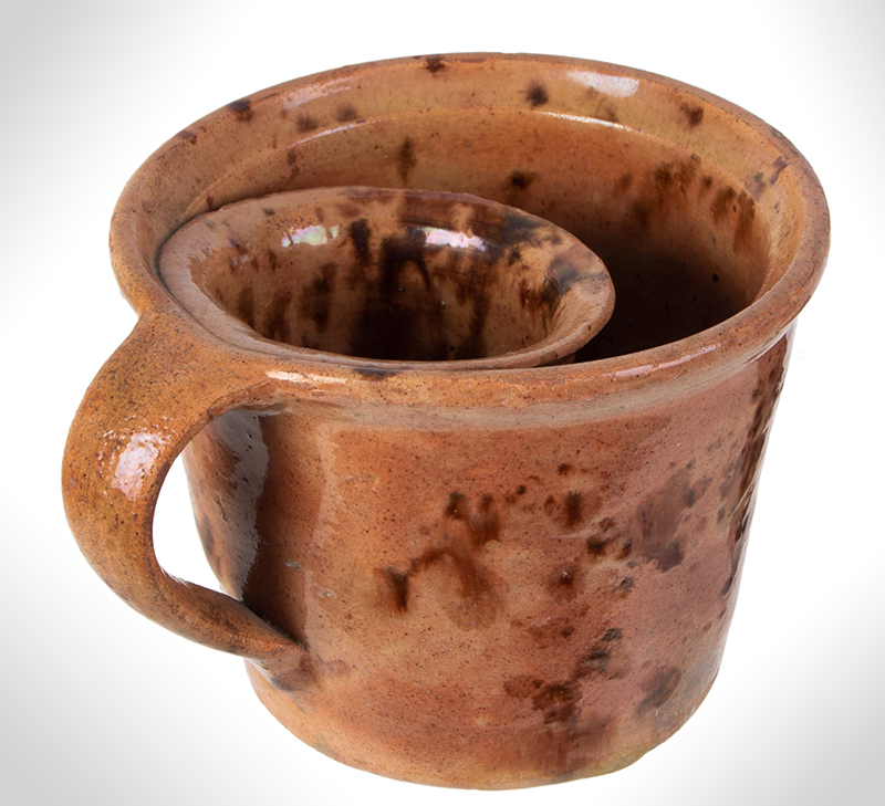 Outstanding Redware Shaving Mug, Possibly the Corliss Pottery, Maine, entire view 5
