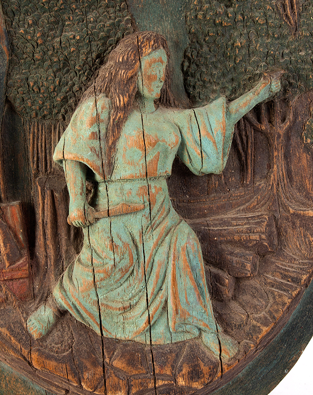Folk Art Relief Carved Plaque, Woman in Defensive Pose, Armed Woodland Camp, Volcano, detail view