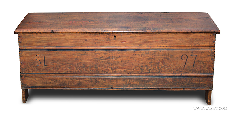 Pilgrim Century Linen-Fold Board Chest. Dated 1697, Initialed "SL" Massachusetts, Connecticut River Valley Yellow Pine, Image 1