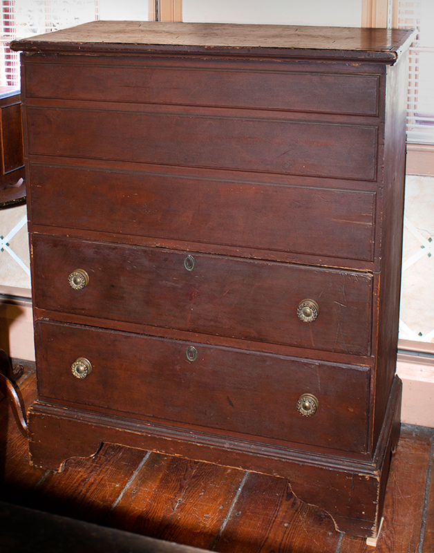 Tall Antique Blanket Chest, Lift Top, Three False over Two Working Drawers Façade, Old Red Paint
Connecticut, Circa 1760, entire view