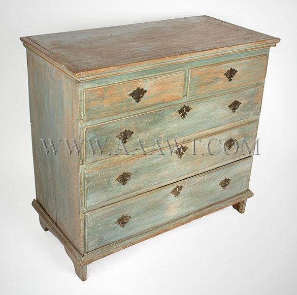 Blanket Chest, Old Blue Paint
New England
18th Century
Poplar case, chestnut drawer bottom, angle view