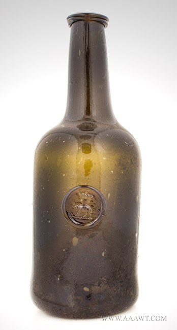 Blown Black Glass Sealed Cylinder Form Wine Bottle, Long Neck, Image 1