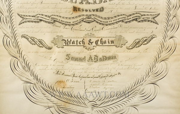 Antique Calligraphy, Fire Department Recognition, 25 Years of Service Newark City Fire Department, New Jersey For Samuel A. Baldwin  By G.W. Carpenter, Penman, New York, detail view 2