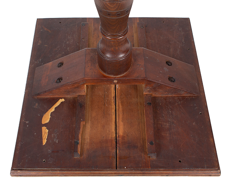 Antique Candlestand; Federal Inlaid Cherrywood Table, Tray Top, Candle Drawer
Connecticut River Valley, Circa 1780-1820
Cherry, underside detail