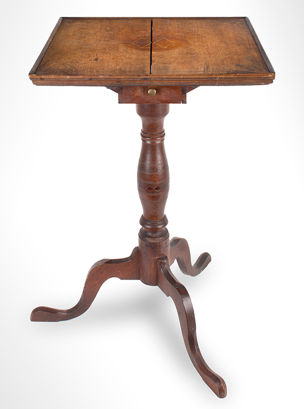 Antique Candlestand; Federal Inlaid Cherrywood Table, Tray Top, Candle Drawer
Connecticut River Valley, Circa 1780-1820
Cherry, entire view 1