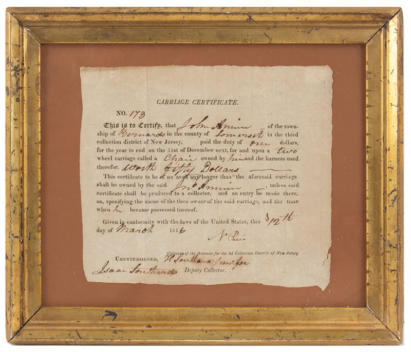 TAXes WAR FUNDING: Partially Printed. Carriage Certificate 1816 New Jersey, Image 1