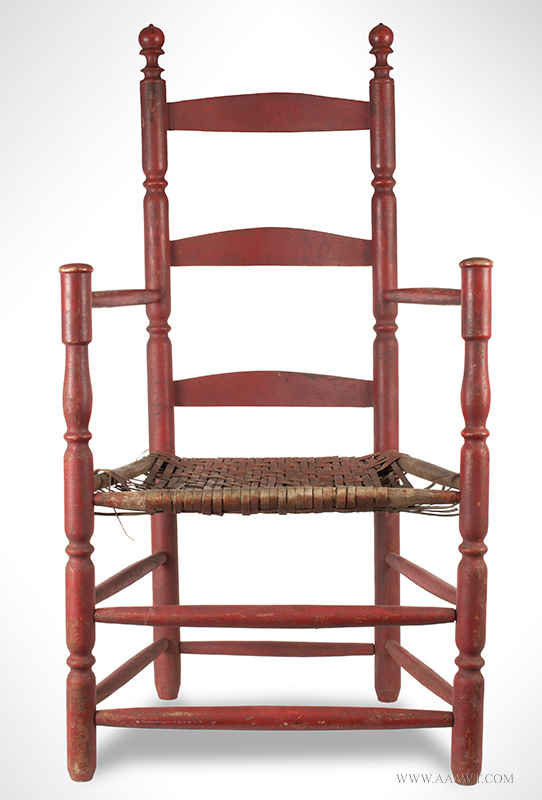 Antique Turned Slat Back Armchair in Great Old Red Paint, 18th Century, angle view