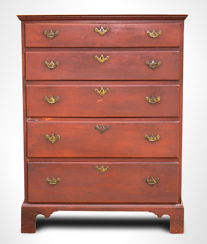 Period Tall Chest, Successful Proportions, Original Red Paint and Hardware Rhode Island or Eastern Connecticut, entire view 2