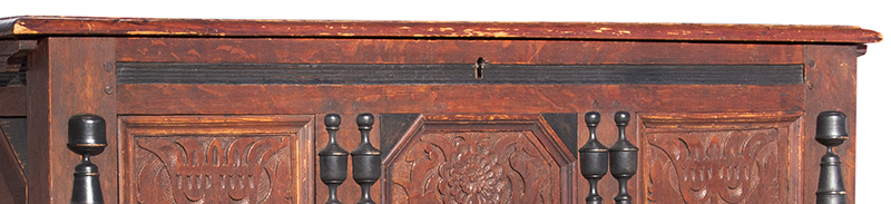 Extremely Rare, Important & Fine Carved & Joined Chest, Attributed to Peter Blin
Wethersfield, Connecticut
Circa 1670-1700
A rare and fine carved and joined oak and pine chest over two drawers, detail view 1