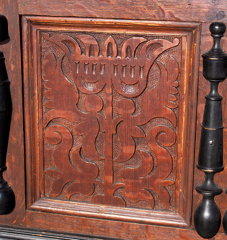 Extremely Rare, Important & Fine Carved & Joined Chest, Attributed to Peter Blin
Wethersfield, Connecticut
Circa 1670-1700
A rare and fine carved and joined oak and pine chest over two drawers, pannel 2
