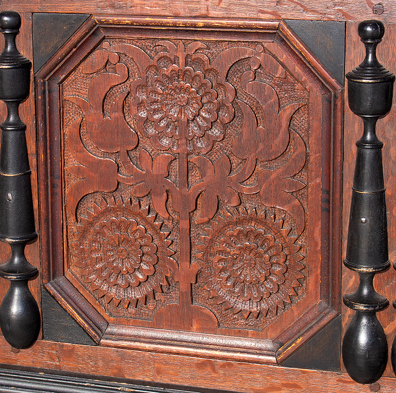 Extremely Rare, Important & Fine Carved & Joined Chest, Attributed to Peter Blin
Wethersfield, Connecticut
Circa 1670-1700
A rare and fine carved and joined oak and pine chest over two drawers, pannel 3