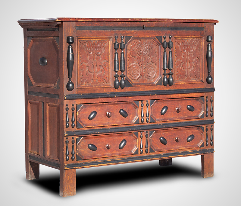 Extremely Rare, Important & Fine Carved & Joined Chest, Attributed to Peter Blin
Wethersfield, Connecticut
Circa 1670-1700
A rare and fine carved and joined oak and pine chest over two drawers, entire view 2