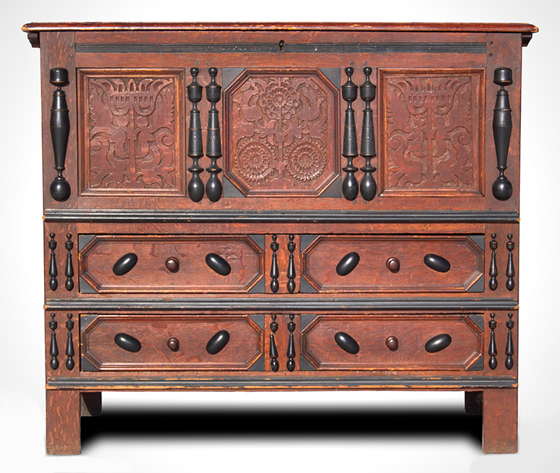 Extremely Rare, Important & Fine Carved & Joined Chest, Attributed to Peter Blin
Wethersfield, Connecticut
Circa 1670-1700
A rare and fine carved and joined oak and pine chest over two drawers, entire view 3