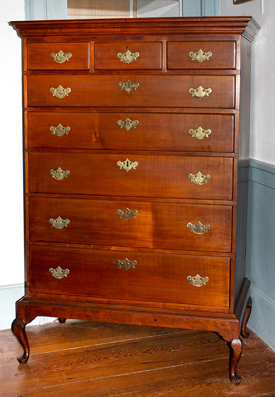 Dunlap School Chest on Frame, Bandy Legs, Three Short Over Five Long Graduated Drawers
Henniker, NH, Likely Joel Joslyn (Worked in the Samuel Dunlap shop 1793-1797), entire view