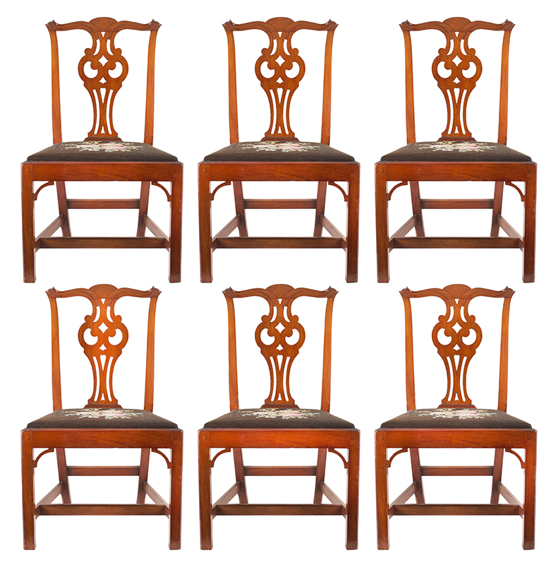 Six Chippendale Cross-Eyed Owl Splat Side Chairs, Salem-Marblehead, Massachusetts 18th Century, entire view