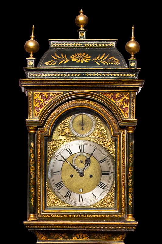 Japanned Lacquered Chinoiserie Tall Clock, hood view