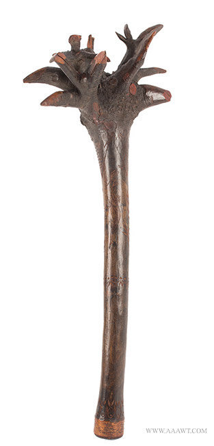 Penobscot Club, Burl Head, Carved and Incised, Deer and other Natural Devices, Image 1