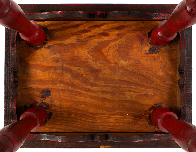 Antique Child’s Table, Best Red Paint, Scalloped Apron, Turned Legs
New England, circa 1900
Maple and pine, underside view