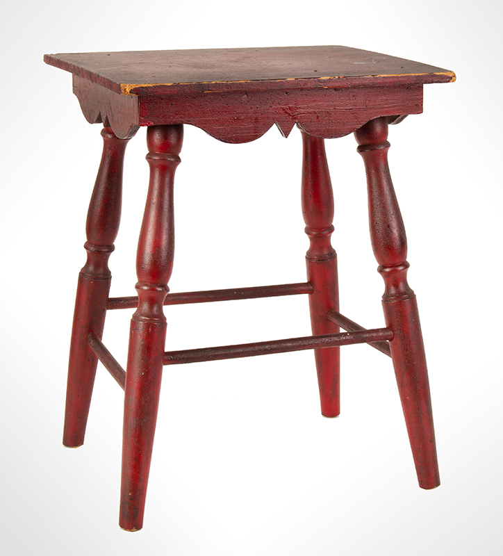 Antique Child’s Table, Best Red Paint, Scalloped Apron, Turned Legs
New England, circa 1900
Maple and pine, entire view 1