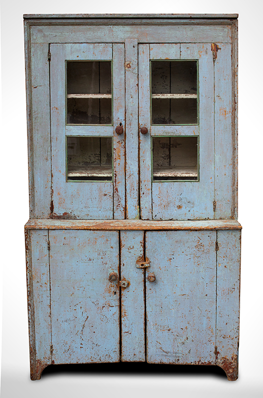 Antique, Canted Step Back Cupboard, Blue Paint
New England, circa 1810
Pine, robust turned maple door pulls, entire view 1