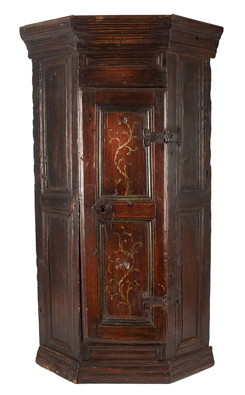 Antique Hanging Corner Cupboard, Paneled & Molded, Great Color & Patina
England, Circa 1670
Pine, original surface and hardware, paint decorated door, rich patina and color, entire view 1