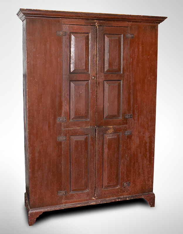 18th Century Raised Panel Wall Cupboard, Original Condition, EX Roger Bacon
Massachusetts or New Hampshire, circa 1750-1780 
Eastern white pine and red pine, original red surface…, entire view 1