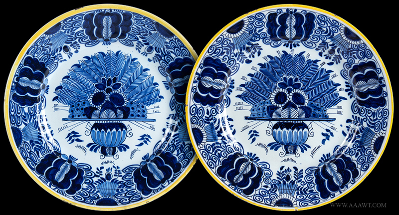 Dutch Delft Peacock Pattern Dishes, Pair, Yellow Enameled Rims, Image 1