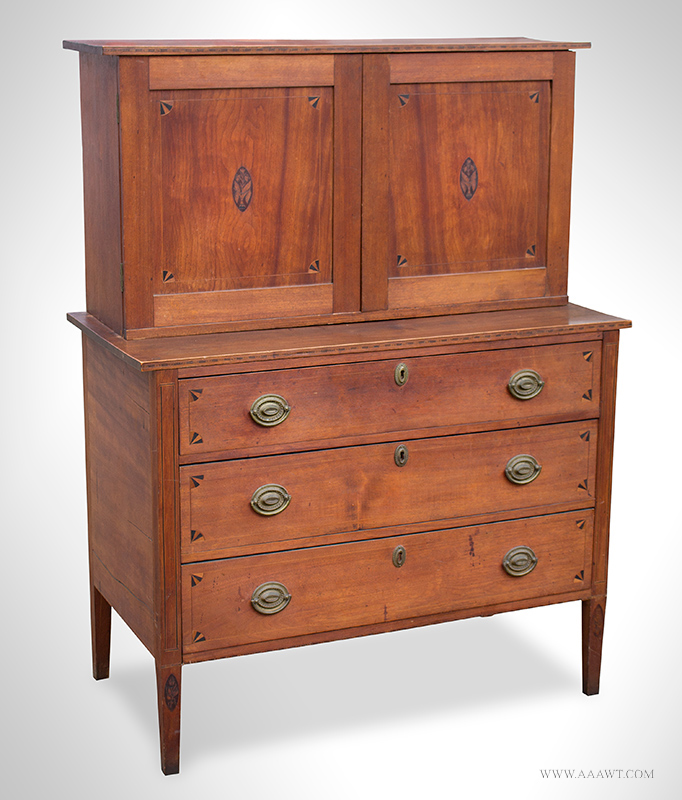 New Hampshire Bookcase on Three-Drawer Chest, Superbly Inlaid, Original Brasses Fan Inlaid Secretary Bureau…Inlays possibly by William Lloyd of Springfield, MA, entire view