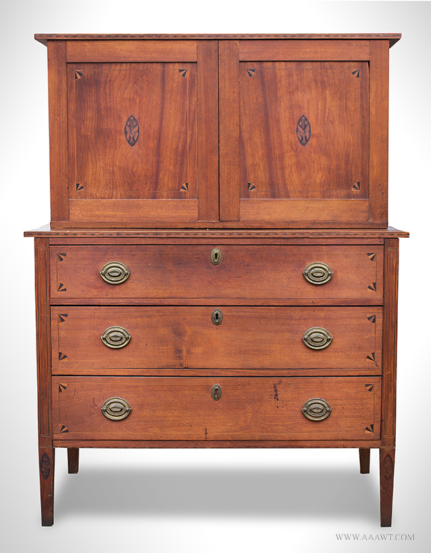 New Hampshire Bookcase on Three-Drawer Chest, Superbly Inlaid, Original Brasses Fan Inlaid Secretary Bureau…Inlays possibly by William Lloyd of Springfield, MA, entire view 3