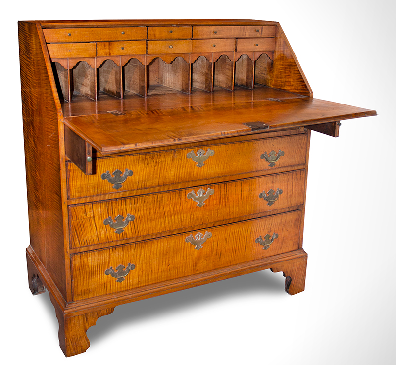 Chippendale Slant Lid Desk, Curly Maple Boldly Striped Tiger Maple, Warm Color, entire view 2