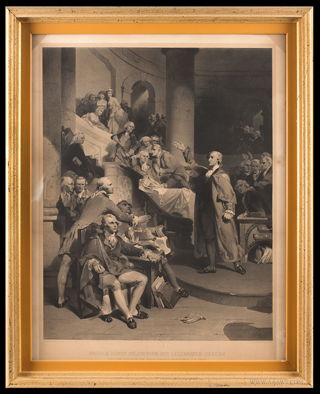Patrick Henry Delivering his Celebrated Speech in the House of Burgesses, Virginia 1765 
After P.J. Rothermel, Engraved by Alfred Jones (1819-1900) 
Printed by the Art Union of Philadelphia, 1852, entire view