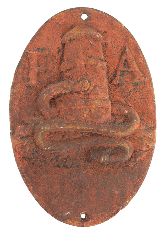 Antique Cast Iron Oval Fire Mark, Fire Association of Philadelphia, Circa 1820 Historic surface, 19th century red, traces of later overpaint, 8'' x 12'' (Balou-84), entire view