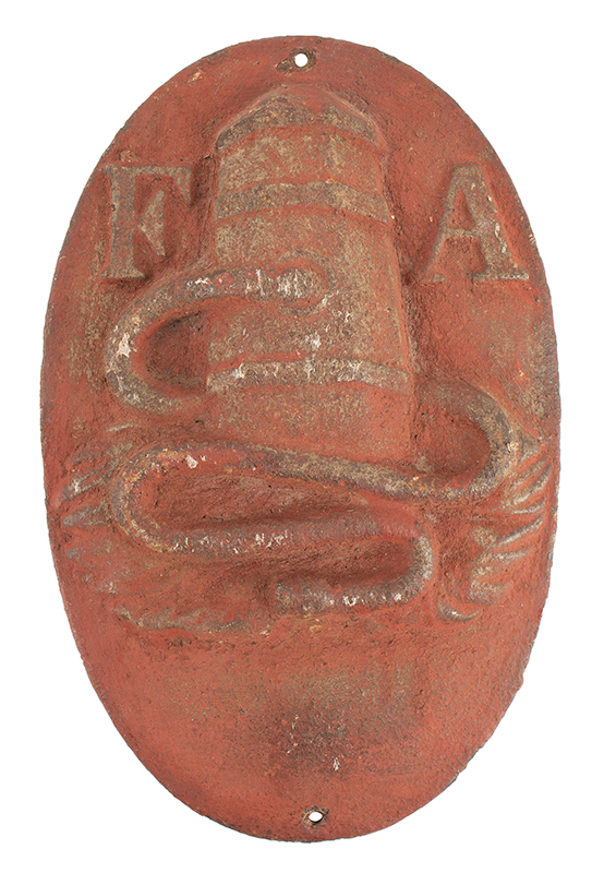 Antique Cast Iron Oval Fire Mark, Fire Association of Philadelphia, Circa 1820 
Historic surface, 19th century red, 8'' x 12'' (Balou-88), entire view