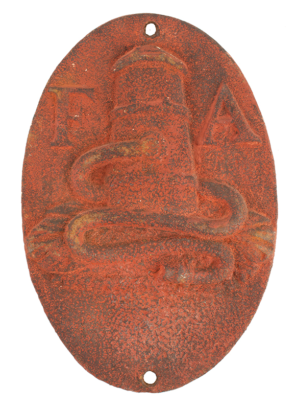 Antique Cast Iron Oval Fire Mark, Fire Association of Philadelphia, Circa 1820 
Historic surface, 19th century red, 8'' x 12'' (Balou-84), entire view