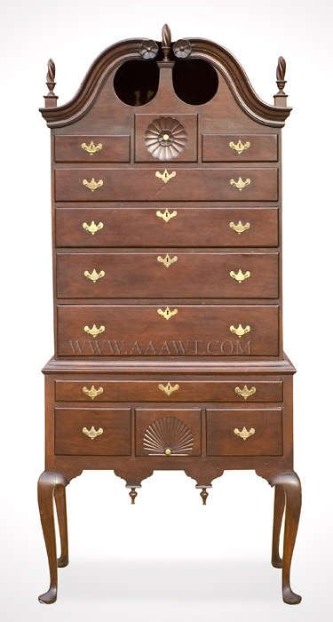 Antique Highboy, Bonnet Top Queen Anne, Carved Cherrywood Connecticut, Image 1