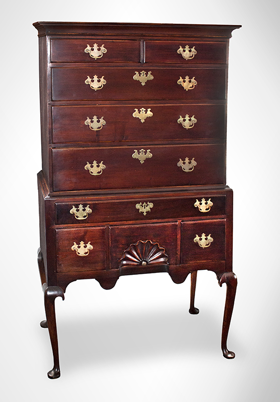 Antique Highboy, Queen Anne, Shell Carved Flat Top, Connecticut, c.1765-1785<br />
, Image 1