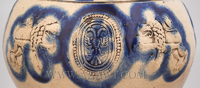 Salt Glazed Stoneware Lidded Jug, Double Eagle & Lion Ornament, Pewter Mounted, detail view