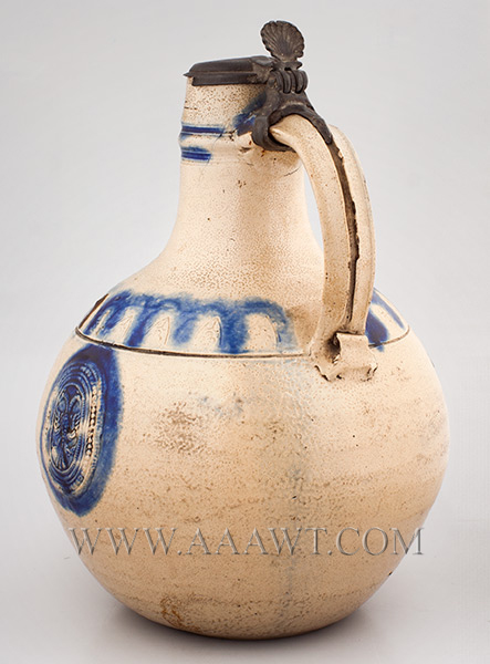 Salt Glazed Stoneware Lidded Jug, Double Eagle & Lion Ornament, Pewter Mounted, handle view