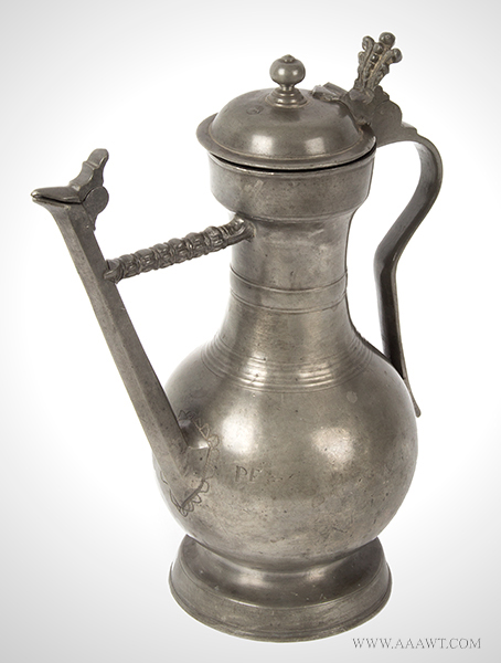 Swiss Lidded and Spouted Pewter Flagon, Stegkanne, Wine Jug Switzerland, Marked “LN” over Bear for Bern, entire view 2