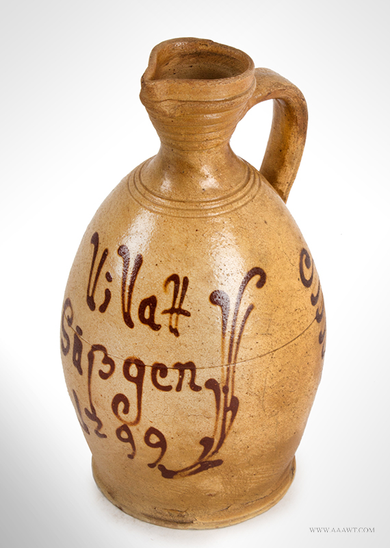 German Stoneware Jug, Ringeloor Decoration, Dated 1799 Text loosely translates: "Long Live Suschen - 1799" (family name), Image 1