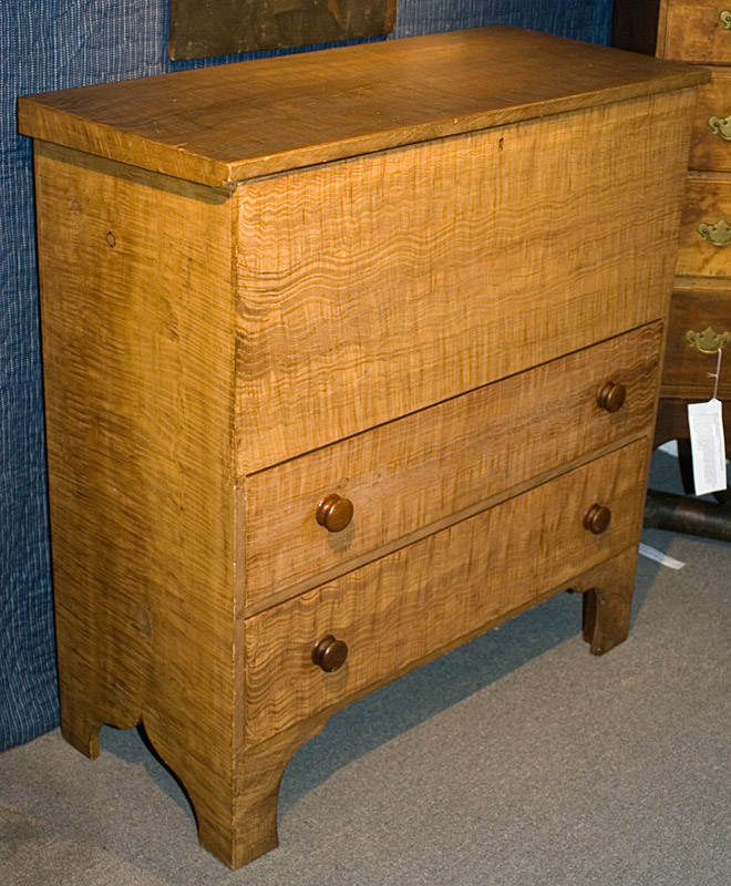 Lift-top Paint Decorated Two-Drawer Blanket Chest, Faux Curly Maple. Likely Massachusetts, Image 1