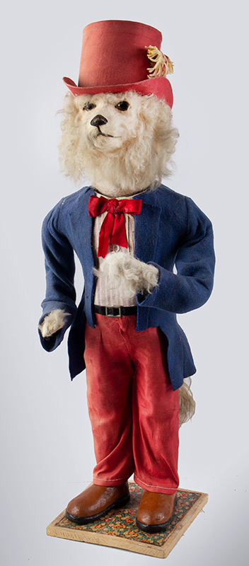Large Anthropomorphic Clockwork Nodder Dog. Red, White and Blue Clothing, entire view