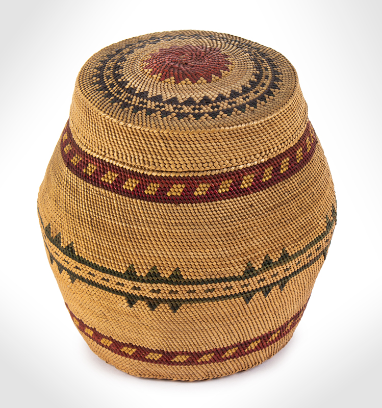 Finely woven and decorated basket by the Makah Indians, Neah Bay, Washington State, c-1900, entire view