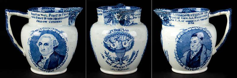 American Historical Staffordshire Pitcher/Creamer depicting Washington/His Country’s Father, the reverse depicts Lafayette/ The Nations’ Guest, entire view