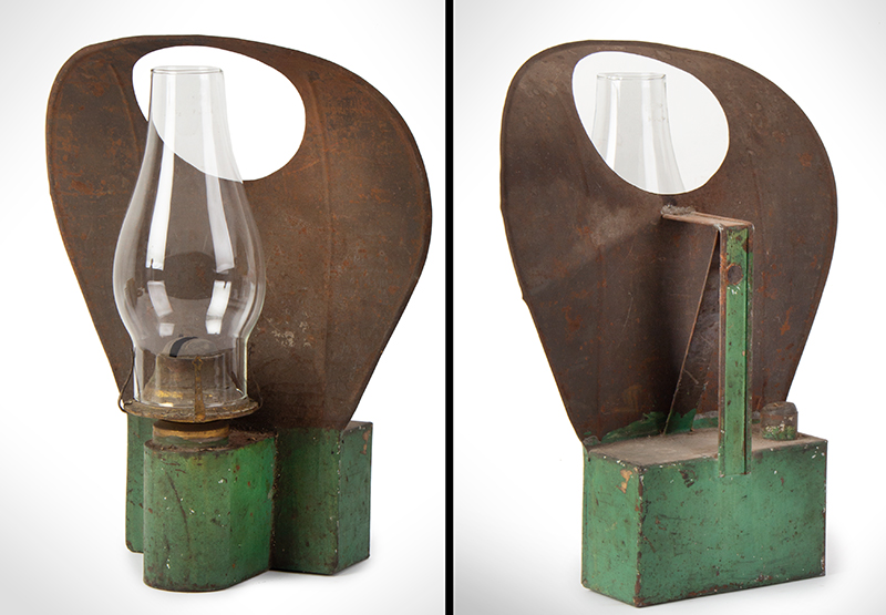 Green Painted Oil Lamp with Reflector, entire view