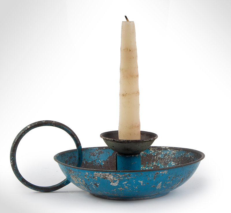 Tin Candleholder in Old Blue Paint, entire view