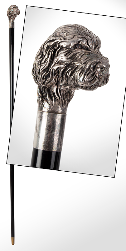36” Ebony Walking Stick with a Beautifully Cast Silver Doghead Pommel above a Silver Ferrule, entire view