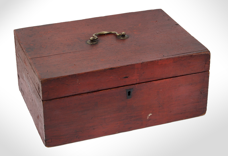 Red Dovetailed Lidded Box, Brass Bail Handle, Great Escutcheon, entire view